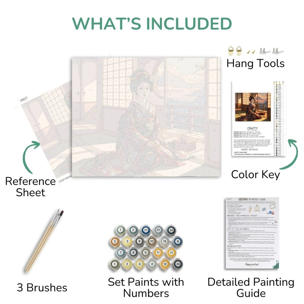 Grace of Kyoto kit contents: canvas, numbered paints, three brushes, reference sheet and guide.