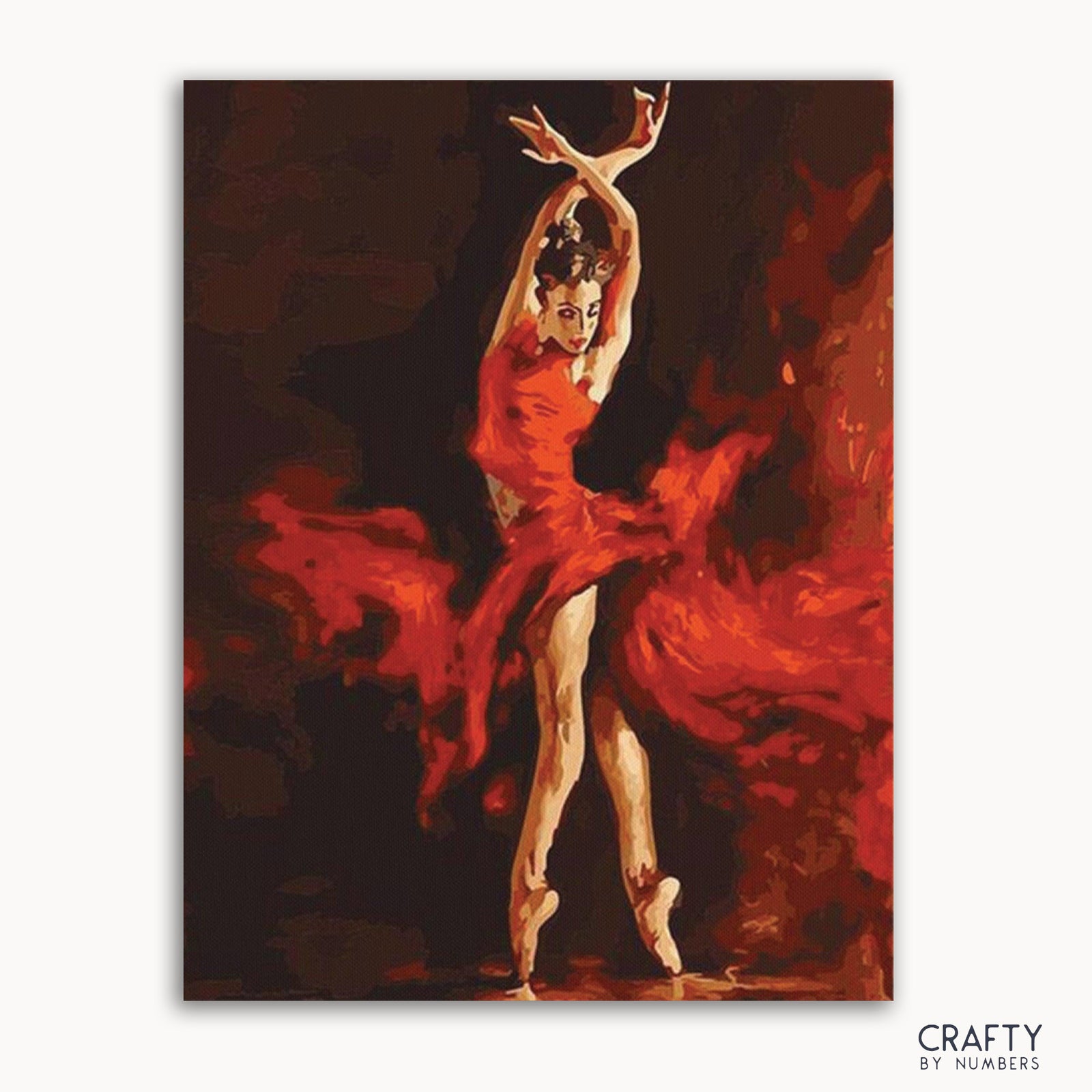 Un kit de pintura por números que representa a una bailarina de flamenco con un vestido rojo sobre un fondo oscuro, con el logo 'Crafty by Numbers' en la parte inferior.
