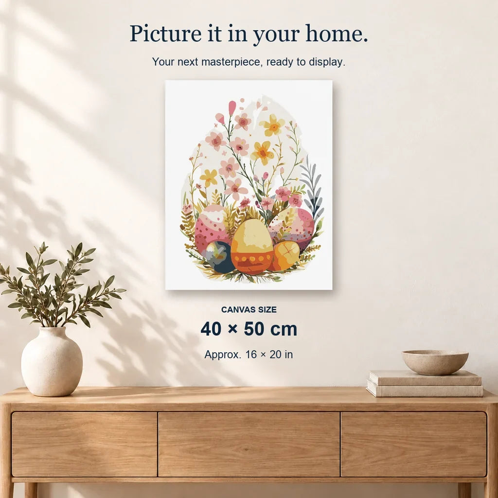 Floral Egg-scape displayed on a sunlit wall. Canvas size 40 × 50 cm.