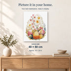 Floral Egg-scape displayed on a sunlit wall. Canvas size 40 × 50 cm.