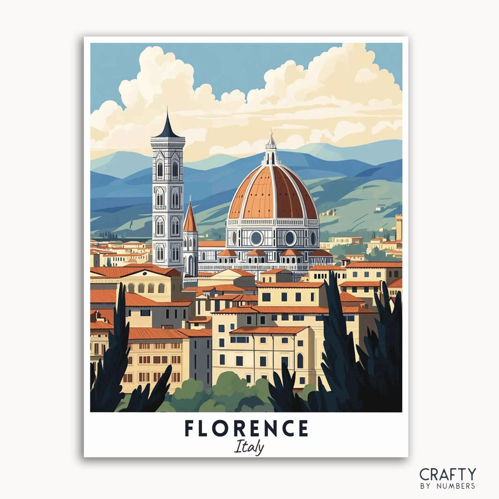 A paint by numbers travel poster depicting the city of Florence, Italy, with the iconic Duomo and Giotto's Campanile, set against a backdrop of mountains and a blue sky.