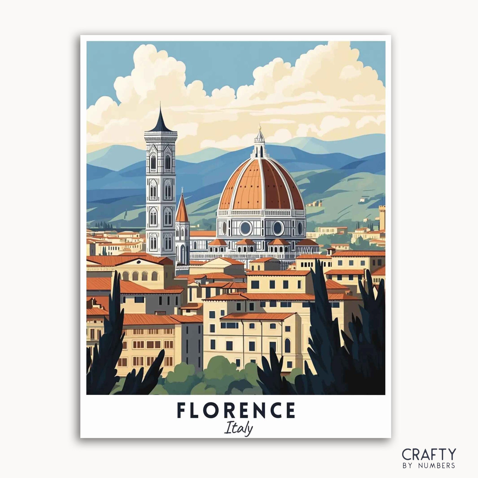 Une affiche de voyage peinte par numéros représentant la ville de Florence, en Italie, avec l'emblématique Duomo et le Campanile de Giotto, sur fond de montagnes et de ciel bleu.