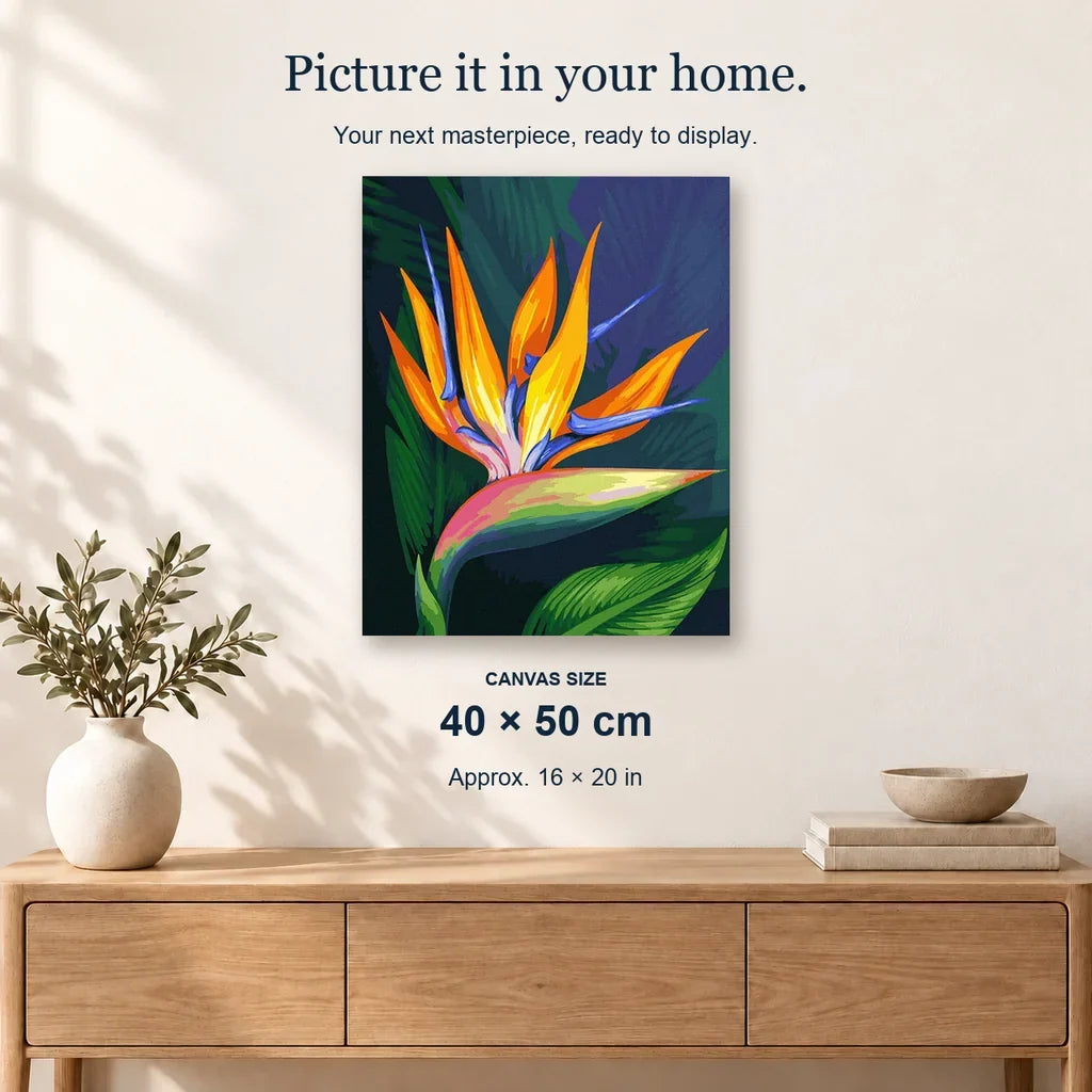 Flower Bird of Paradise displayed on a sunlit wall. Canvas size 40 × 50 cm.