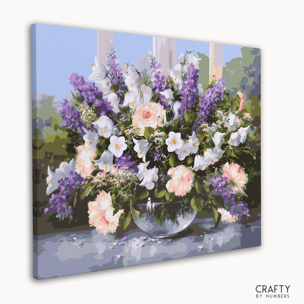 Detailed Flowers In The Glass Bowl paint by number featuring elements from famous still life paintings and famous landscape paintings with a touch of picasso famous paintings style.