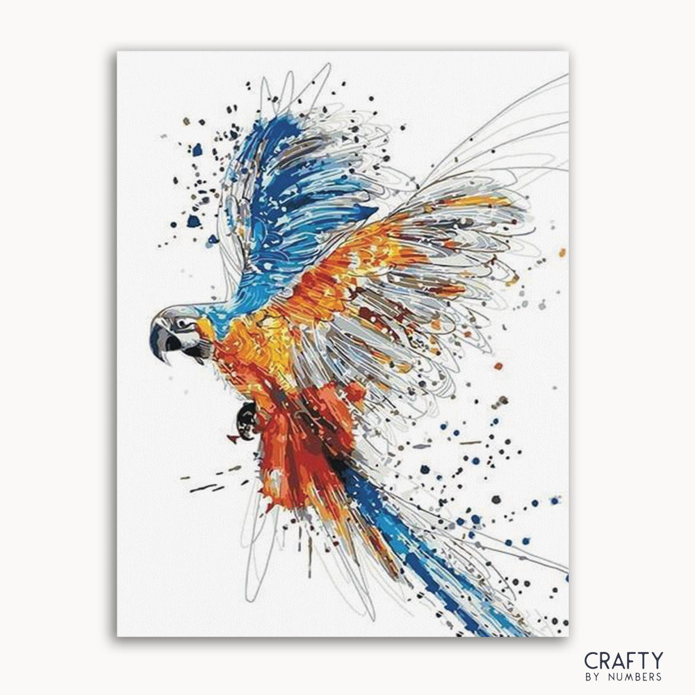 A paint-by-numbers kit image featuring a colorful flying bird with a splash of paint around it, labeled 'CRAFTY by Numbers'.