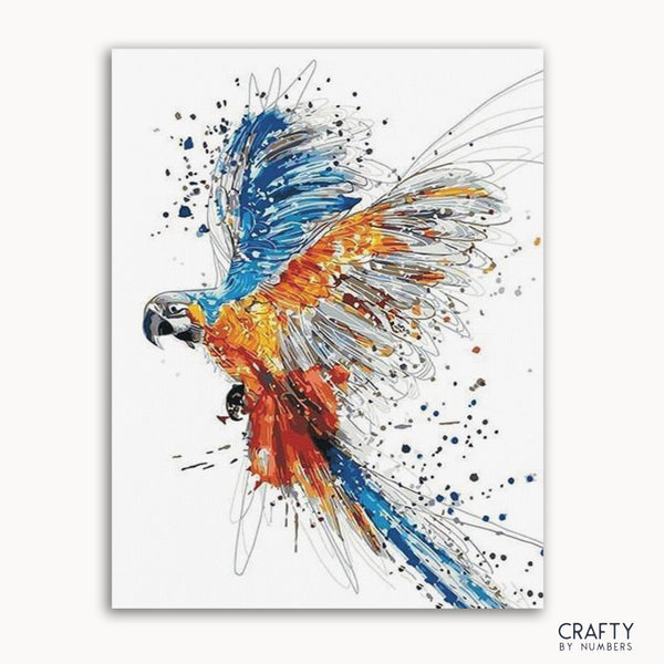 A paint-by-numbers kit image featuring a colorful flying bird with a splash of paint around it, labeled 'CRAFTY by Numbers'.