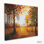 Close-up of completed Forest in Autumn paint by numbers canvas with vibrant leaves