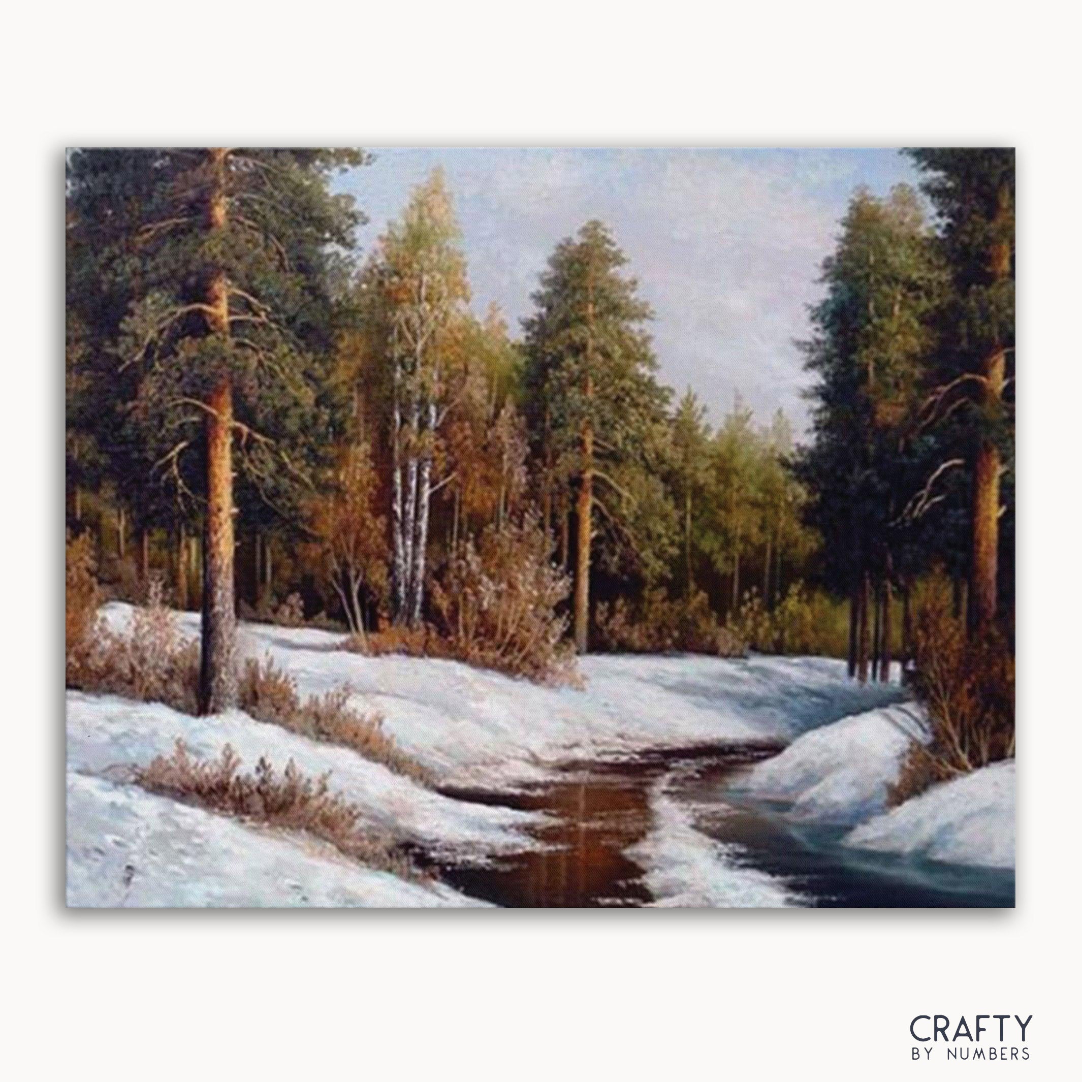 A paint by numbers kit depicting a winter forest scene with trees, snow, and a road.