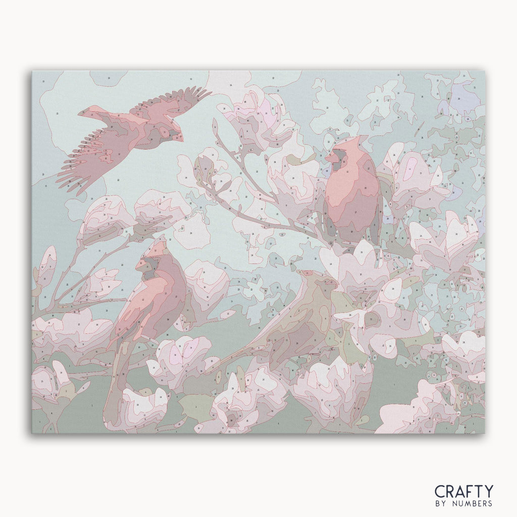 Numbered canvas preview for Four Beautiful Birds, with lightly printed color sections.
