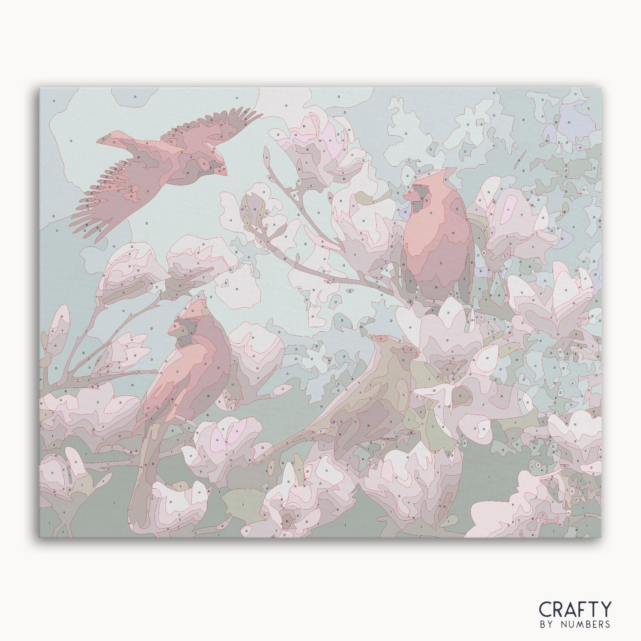 Four Beautiful Birds paint by number featuring vibrant colors, famous paintings, vincent van gogh famous paintings, and most famous paintings style.