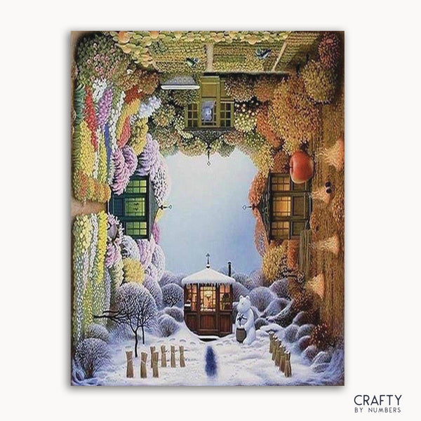 A paint-by-numbers kit image featuring a artistic representation of a house with a garden, depicting different seasons with flowers, snow, and a person in the scene.