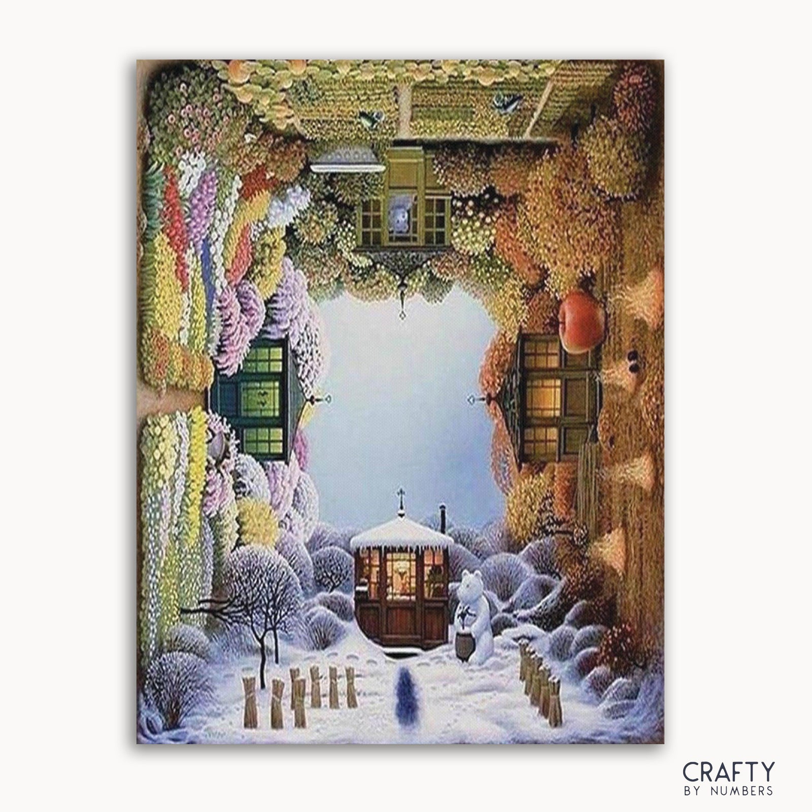 Un kit de peinture par numéros présentant une représentation artistique d'une maison avec un jardin, représentant différentes saisons avec des fleurs, de la neige et une personne dans la scène.