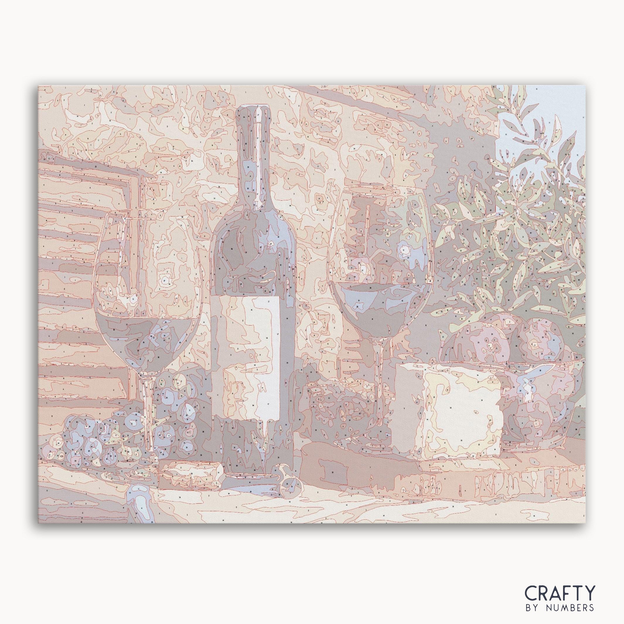 Fruit wine bottle paint by number inspired by famous paintings with vibrant colors and famous landscape paintings style