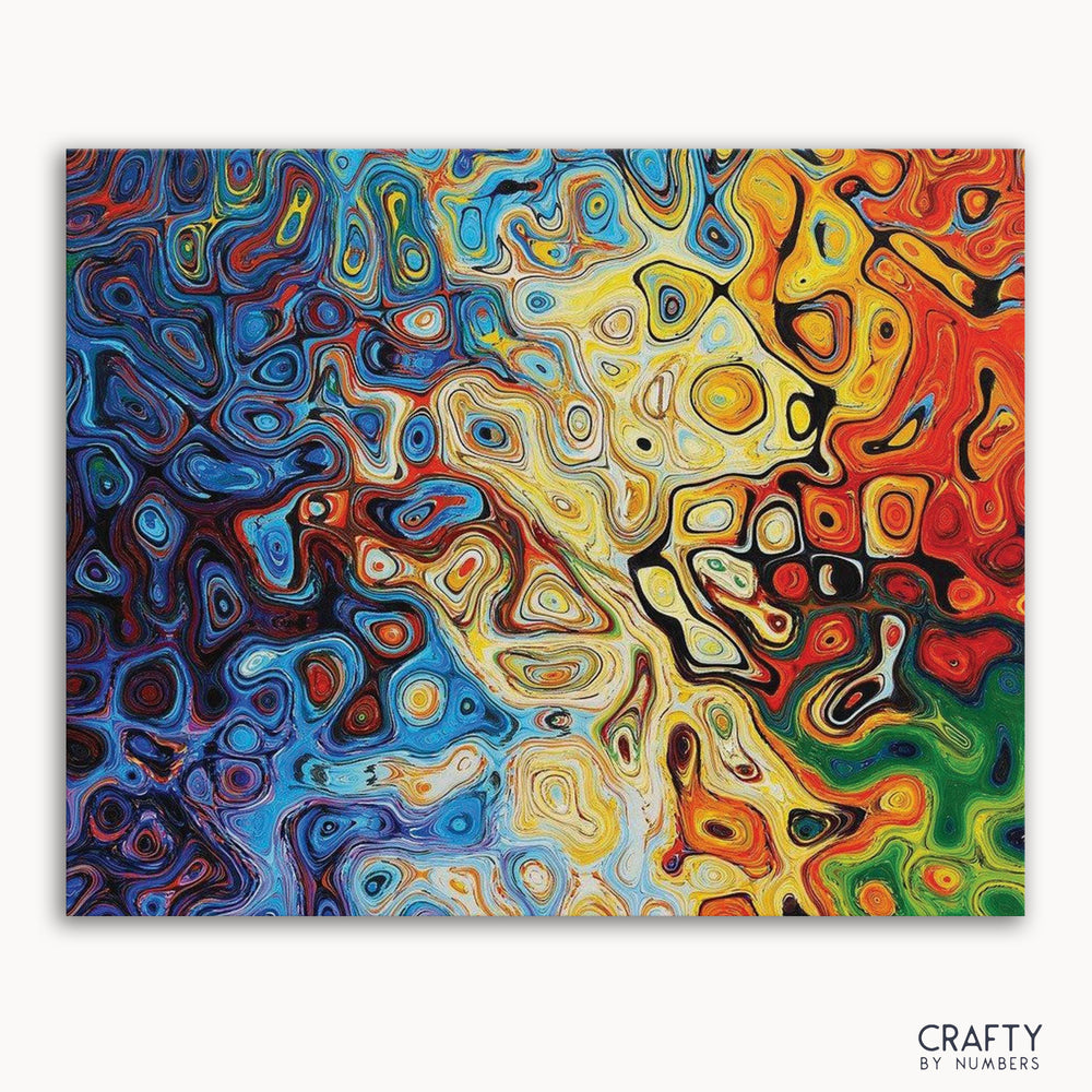 A vibrant abstract painting in progress with multiple colors blending together, with the text 'CRAFTY by NUMBERS' at the bottom.
