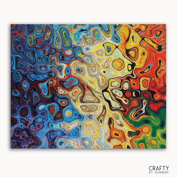 A vibrant abstract painting in progress with multiple colors blending together, with the text 'CRAFTY by NUMBERS' at the bottom.
