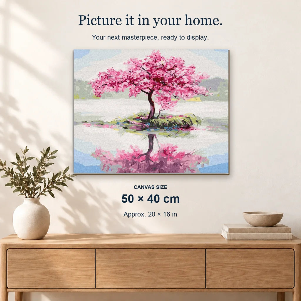 Gentle Sakura displayed on a sunlit wall. Canvas size 50 × 40 cm.