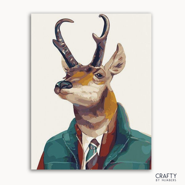 A paint-by-numbers kit depicting a stylized gazelle wearing a jacket and tie, with a 'Crafty by Numbers' logo at the bottom.