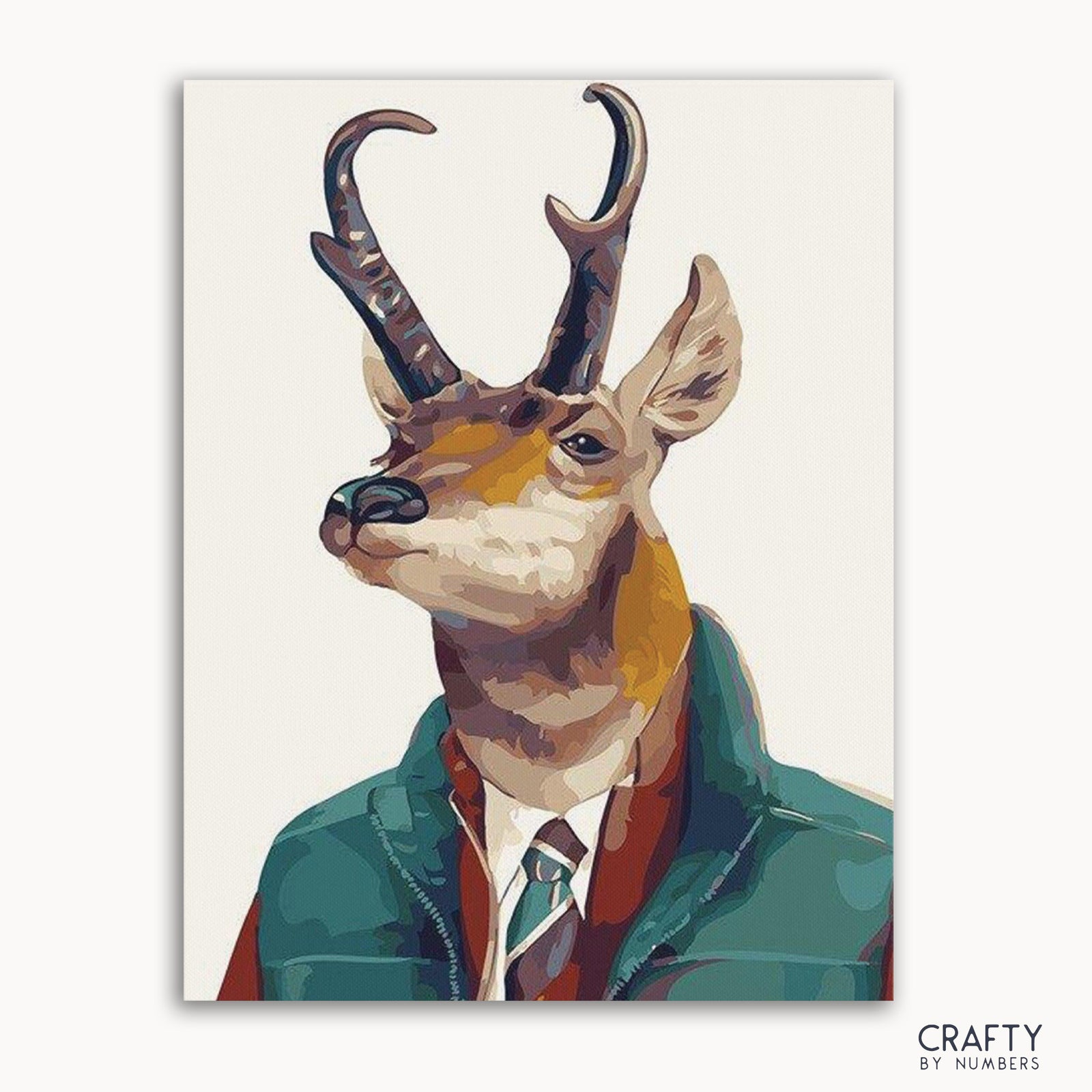 Ein Malen-nach-Zahlen-Set, das eine stilisierte Gazelle in Jacke und Krawatte mit einem „Crafty by Numbers“-Logo unten zeigt.