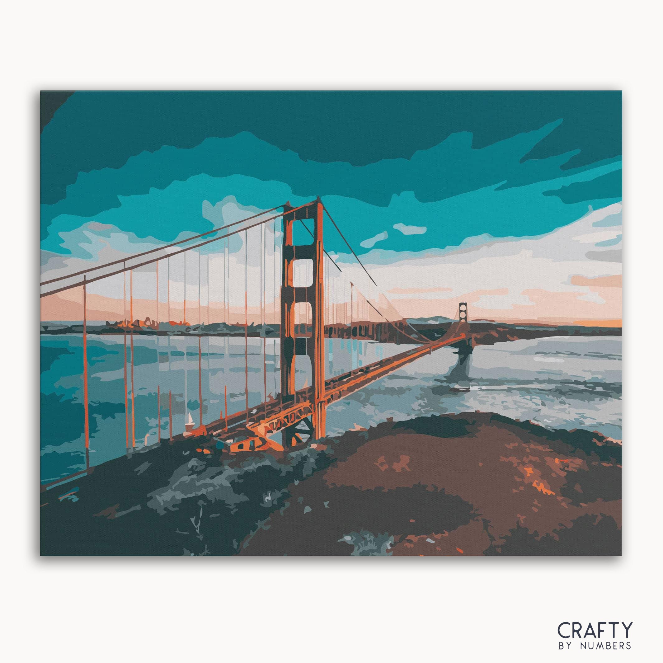 A paint-by-numbers kit image featuring a bridge over a body of water, likely representing the Golden Gate Bridge.