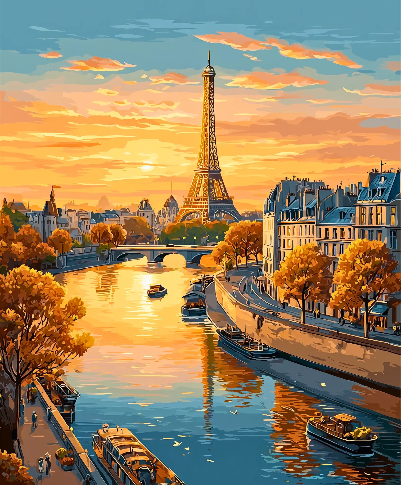 Parisian scene with Eiffel Tower at sunset, river with boats, and trees with autumn foliage.