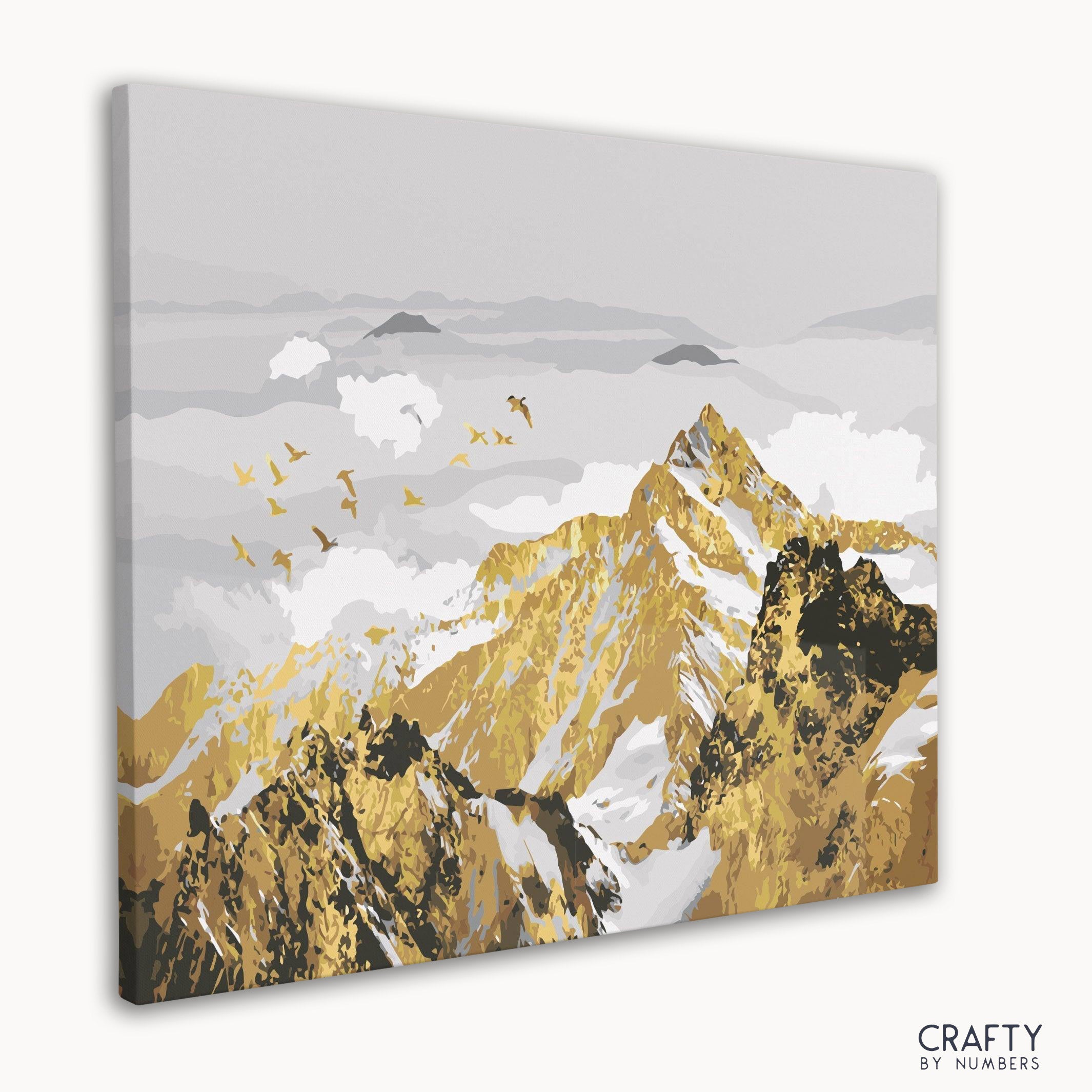 Scenic golden mountain range with paint by numbers canvas