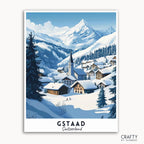 A travel poster depicting a snow-covered alpine village, Gstaad, Switzerland, with the village buildings, mountains, and trees illustrated in a serene winter landscape.
