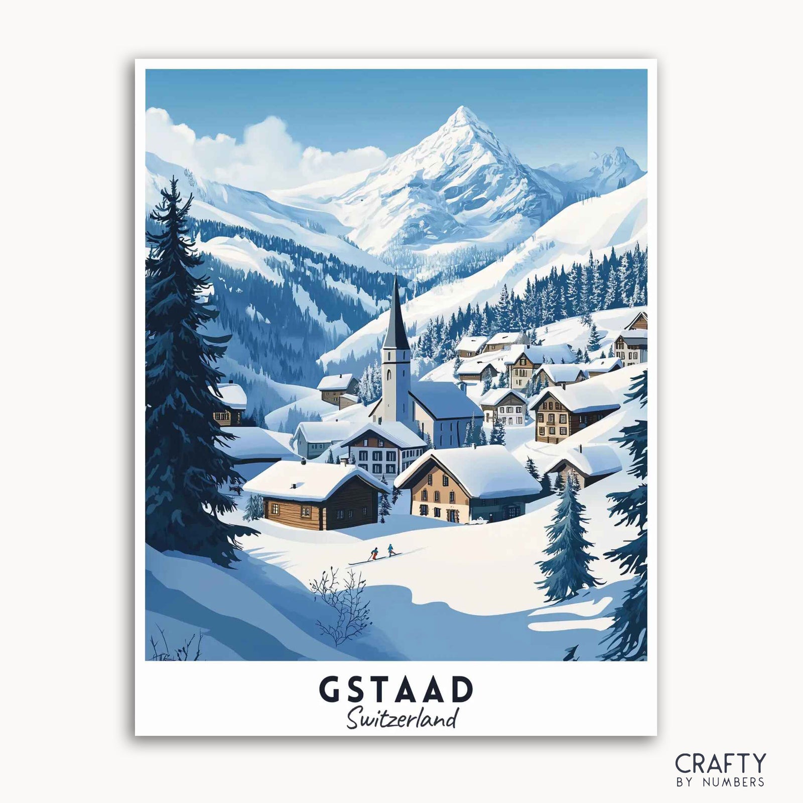Ein Reiseplakat, das ein schneebedecktes Bergdorf in Gstaad in der Schweiz zeigt, mit Dorfgebäuden, Bergen und Bäumen in einer ruhigen Winterlandschaft.