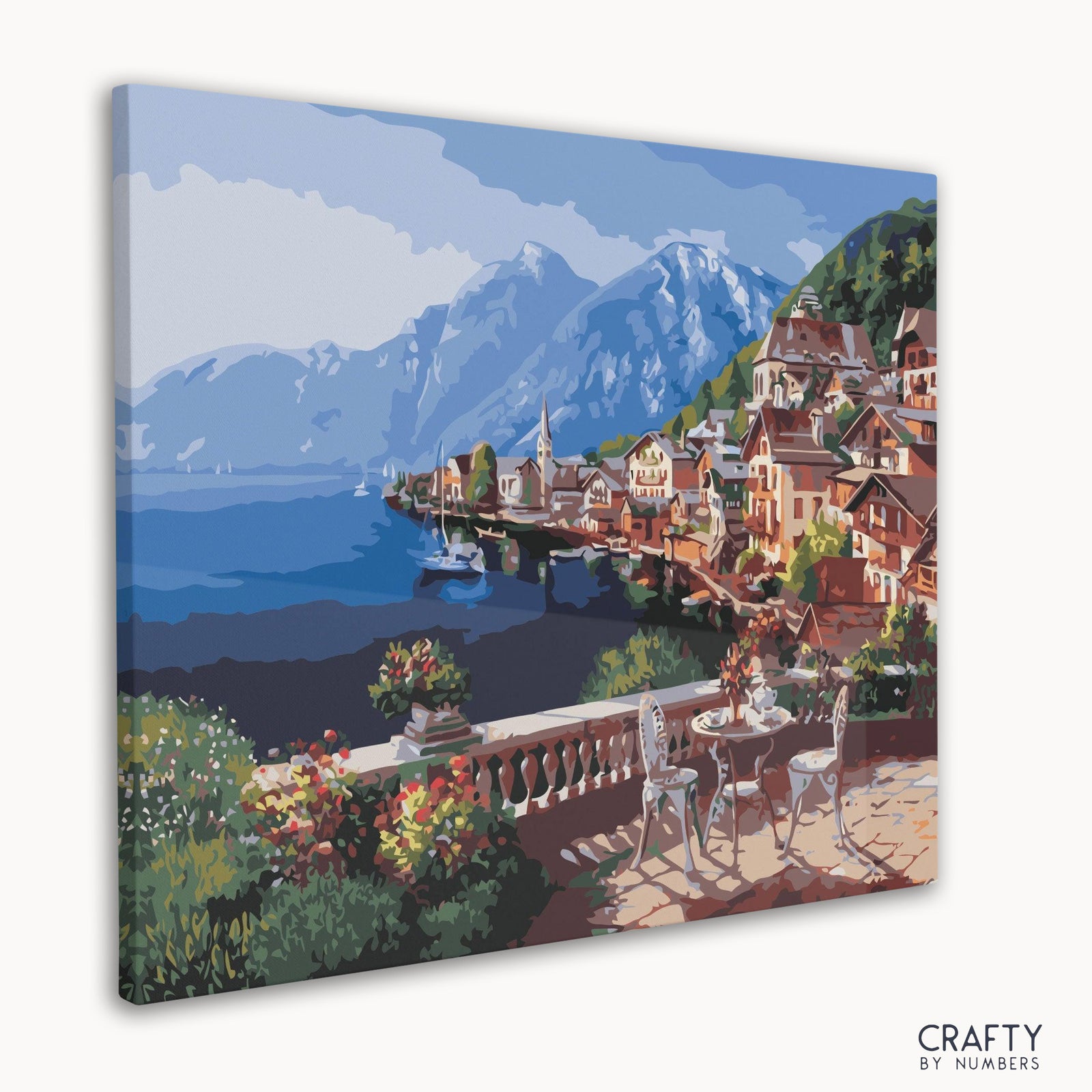 Kit de pintura por números del lago Hallstatt con secciones de color detalladas y pinceladas