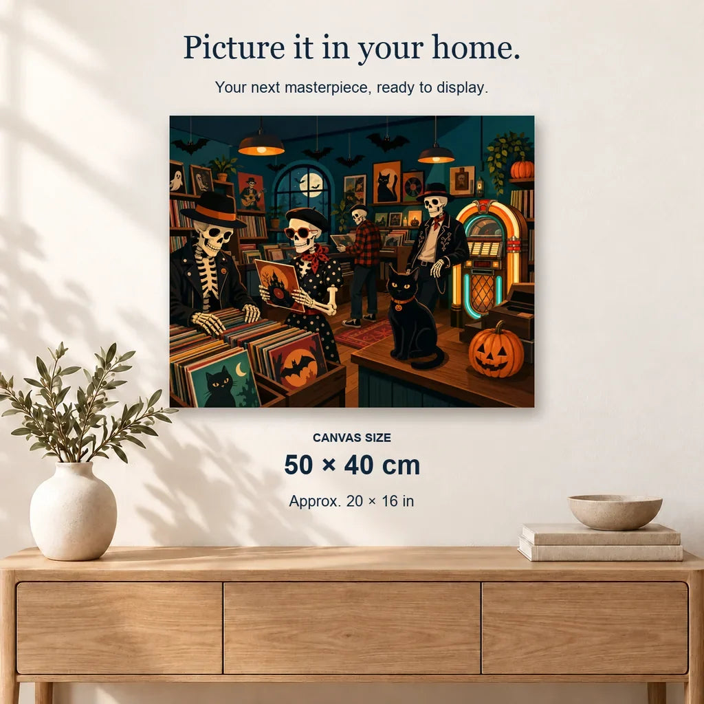 Haunted Record Store displayed on a sunlit wall above an oak cabinet. Canvas size 50 × 40 cm.