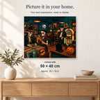 Haunted Record Store displayed on a sunlit wall above an oak cabinet. Canvas size 50 × 40 cm.