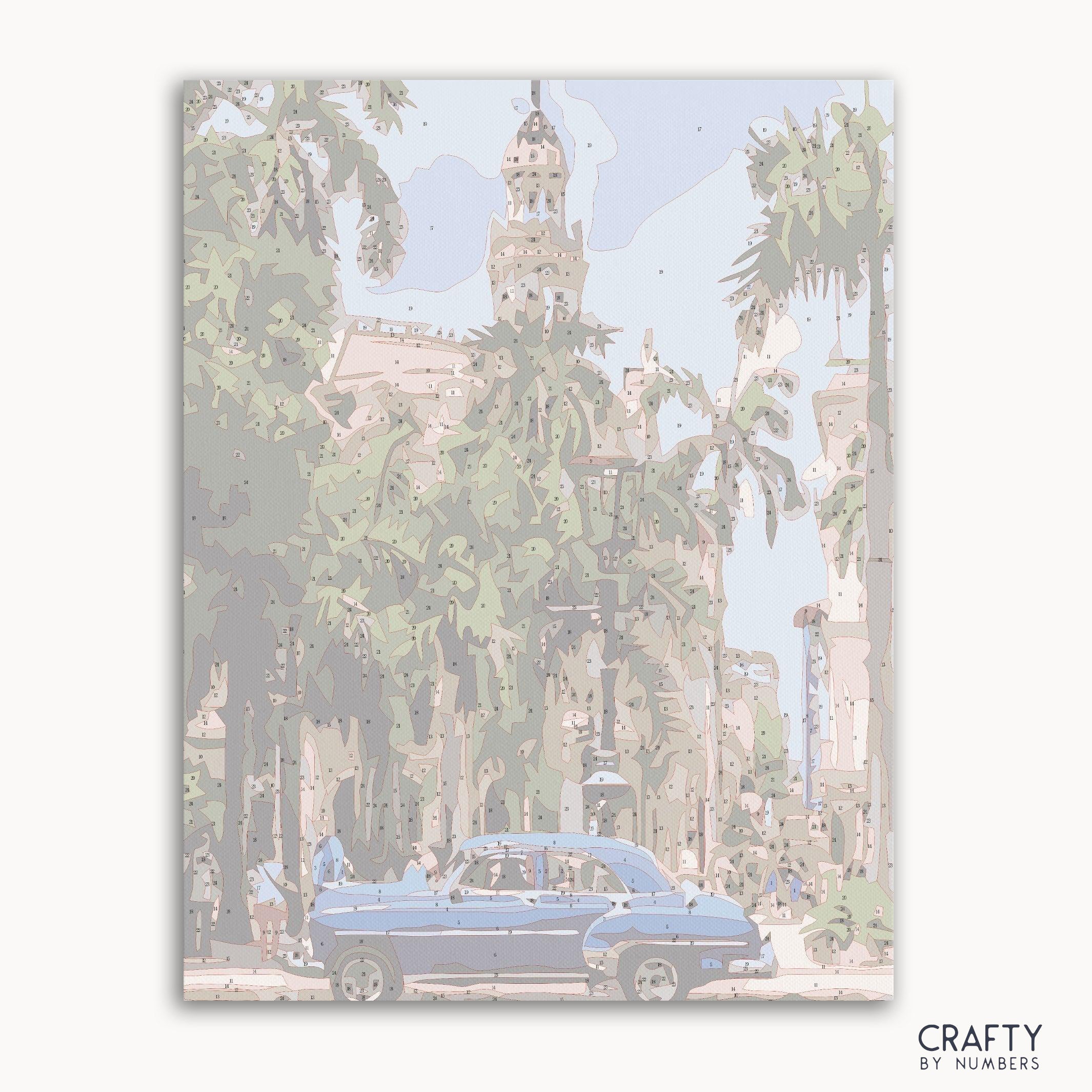 Classic Havana car in front of colorful buildings – paint by numbers kit.