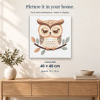 Hoot Hoot Owl displayed on a sunlit wall. Canvas size 40 × 40 cm.