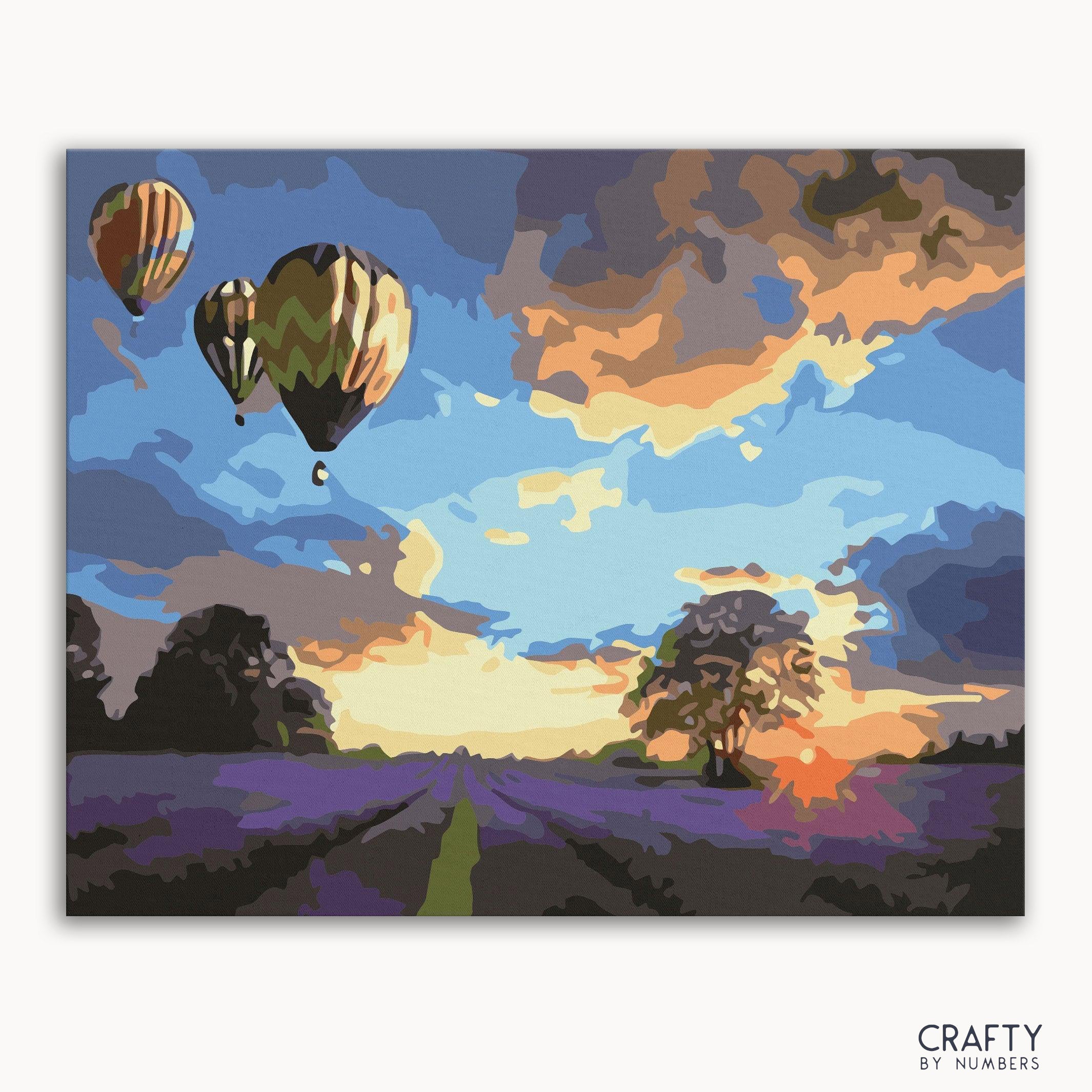 A paint-by-numbers kit image featuring a landscape with hot air balloons in the sky at sunset.