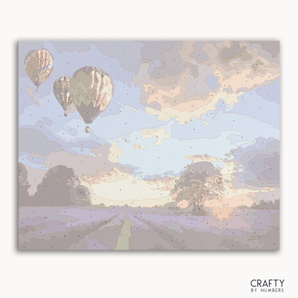 Hot Air Balloon Sunset paint by numbers kit packaging with vibrant sunset colors