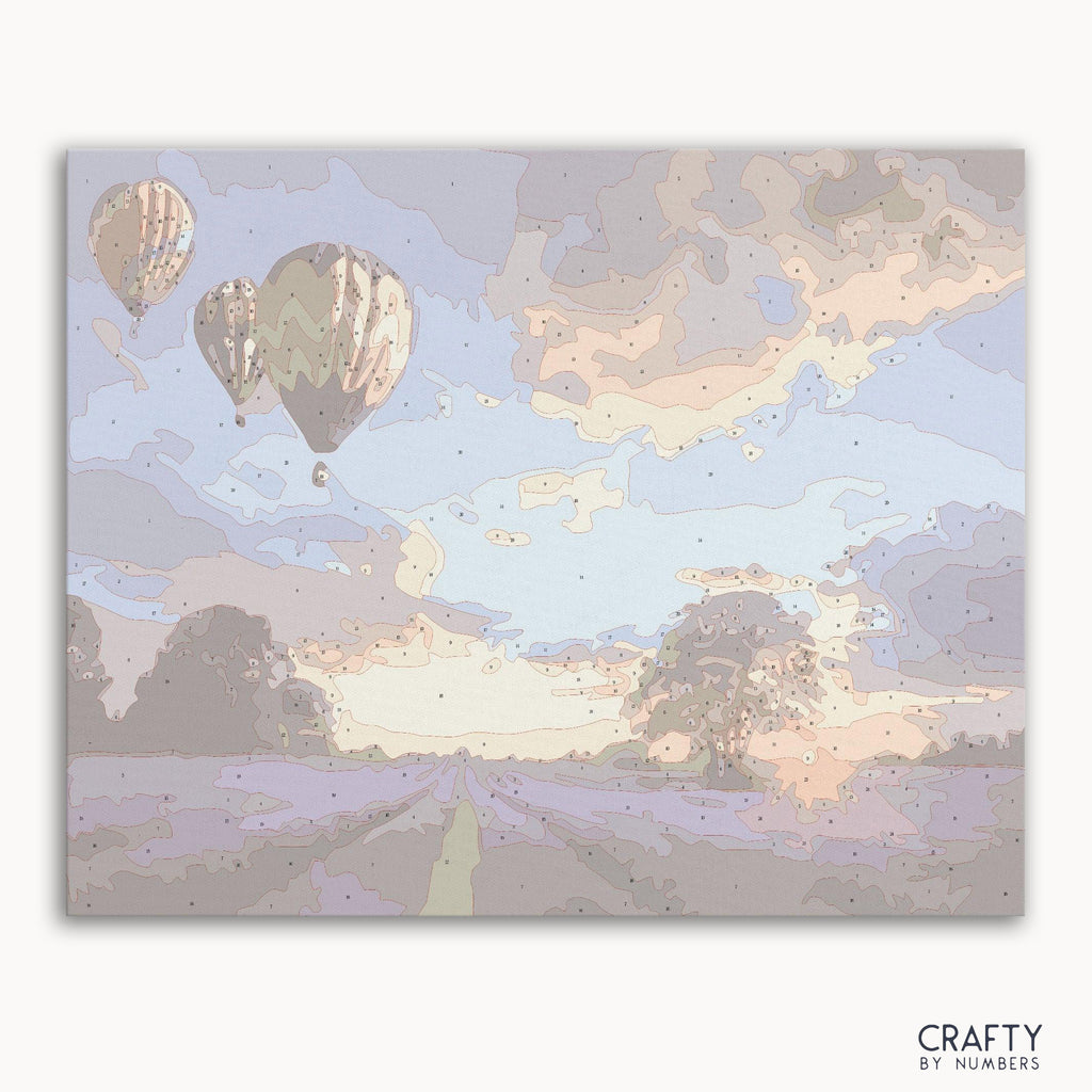 Hot Air Balloon Sunset paint by numbers kit packaging with vibrant sunset colors