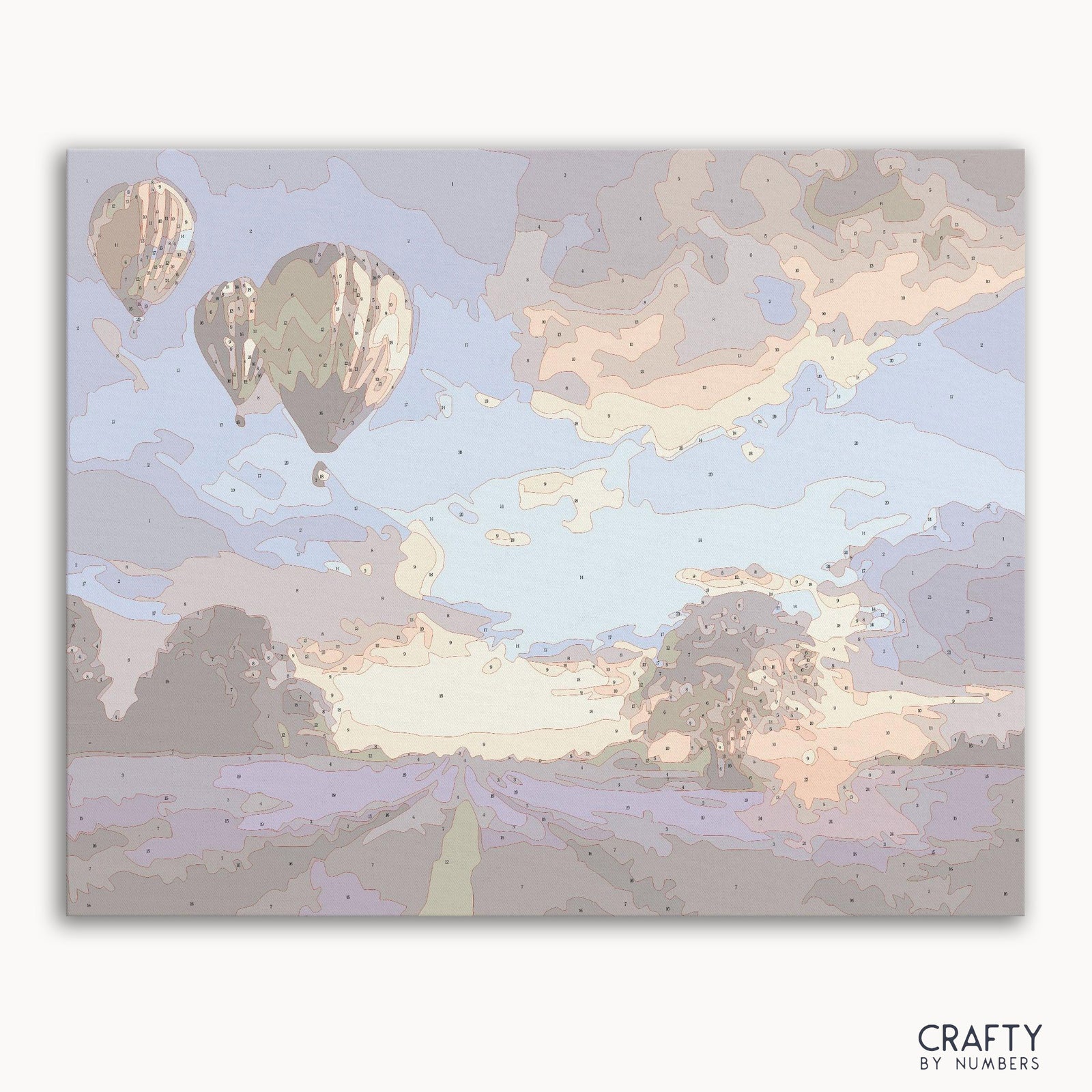 Kit de peinture par numéros pour montgolfière au coucher du soleil, emballage avec des couleurs vibrantes du coucher du soleil