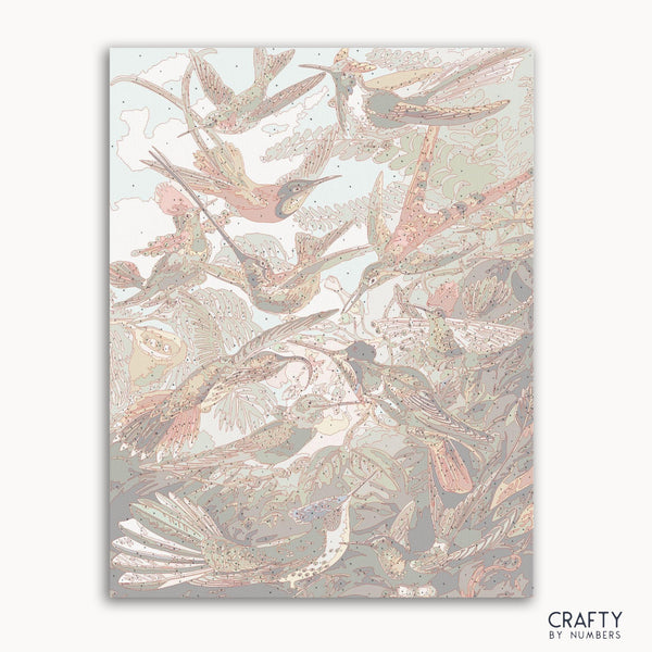 Hummingbirds detailed in Ernst Haeckel style, perfect for paint by numbers classic art kits featuring famous paintings.
