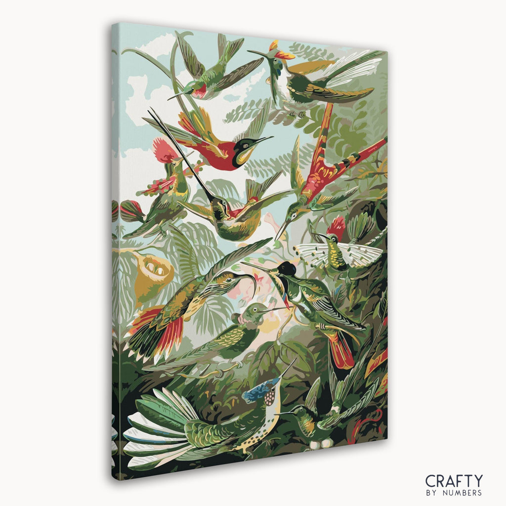 Close-up of hummingbirds inspired by famous artists paintings, ideal for a paint by numbers kit with classic art style.