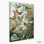 Close-up of hummingbirds inspired by famous artists paintings, ideal for a paint by numbers kit with classic art style.