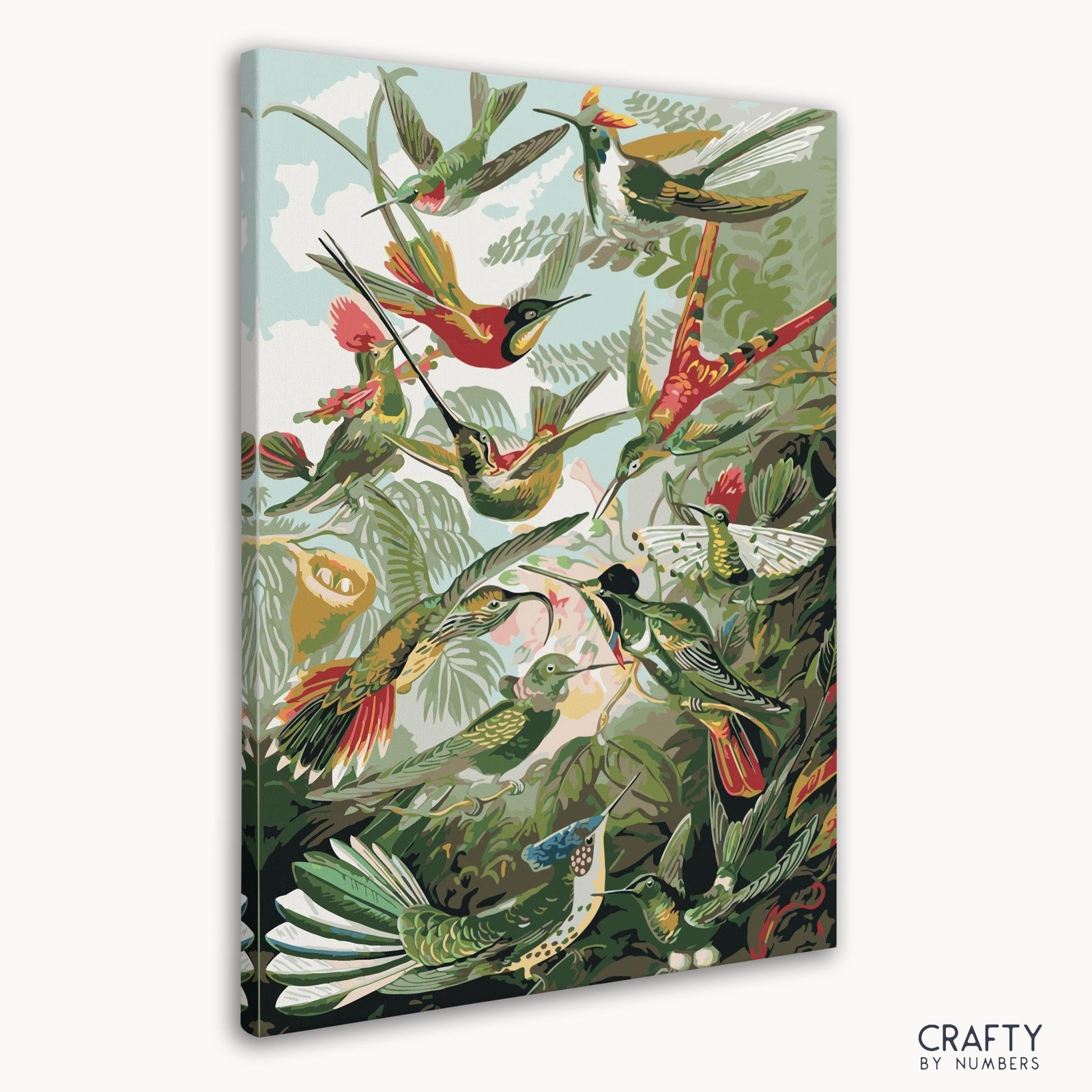Primer plano de colibríes inspirado en pinturas de artistas famosos, ideal para un kit de pintura por números con estilo artístico clásico.