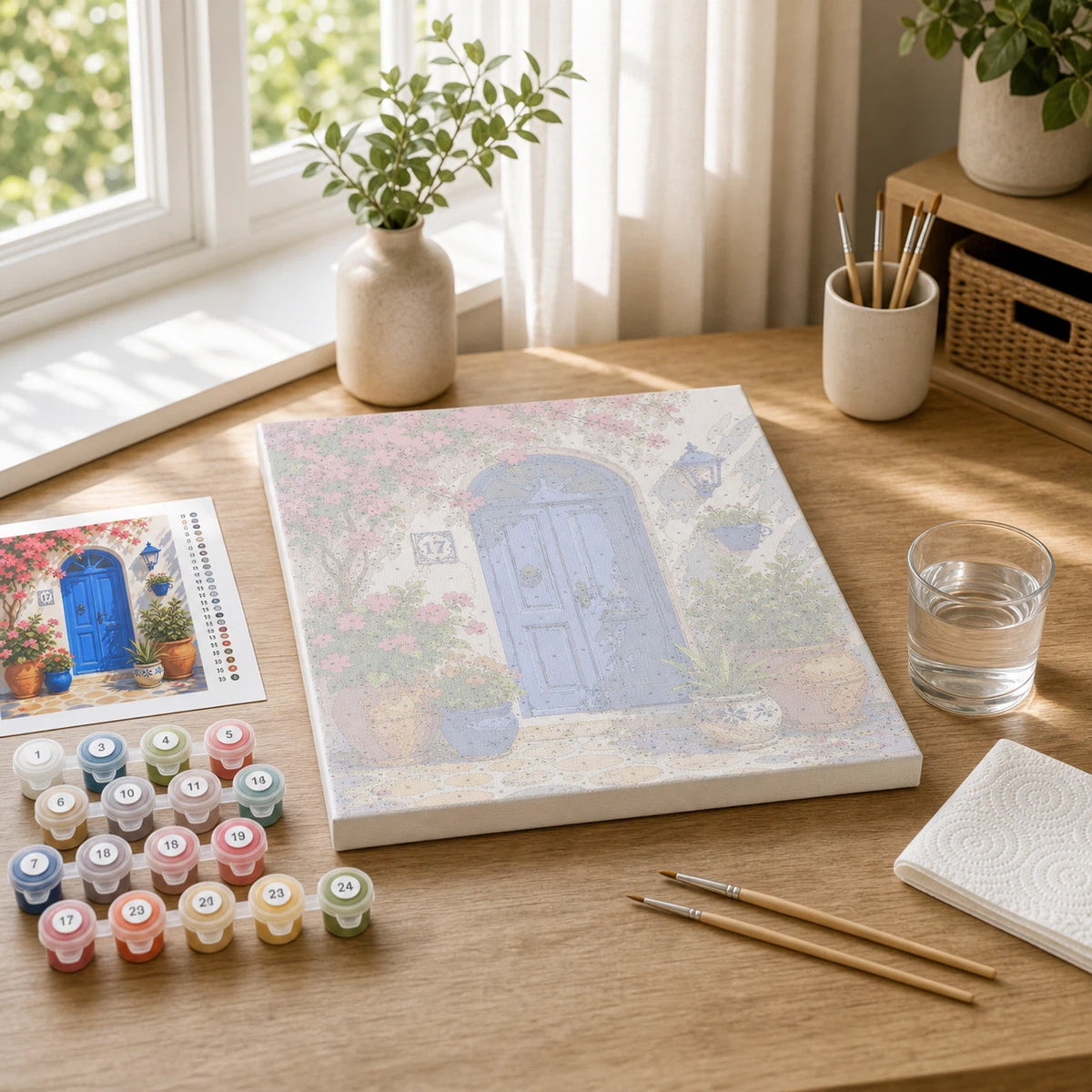 A comfortable paint by numbers workspace with bright lighting