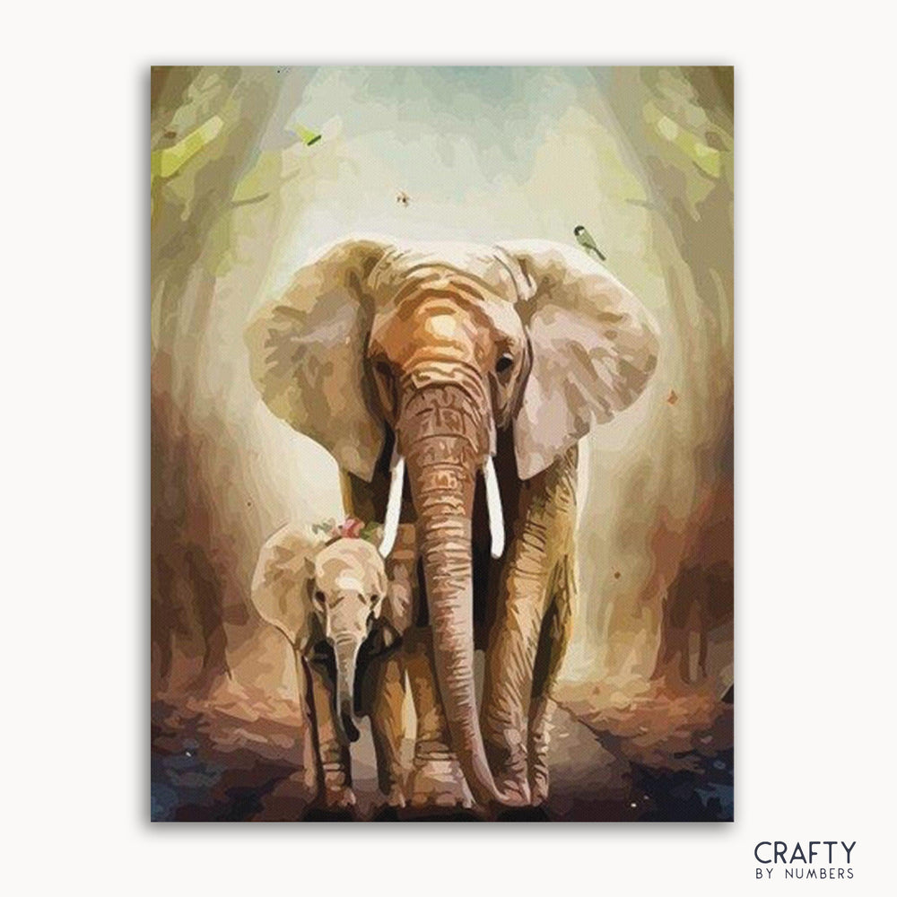 A paint-by-numbers kit depicting an adult Indian elephant with a calf in a forest setting.