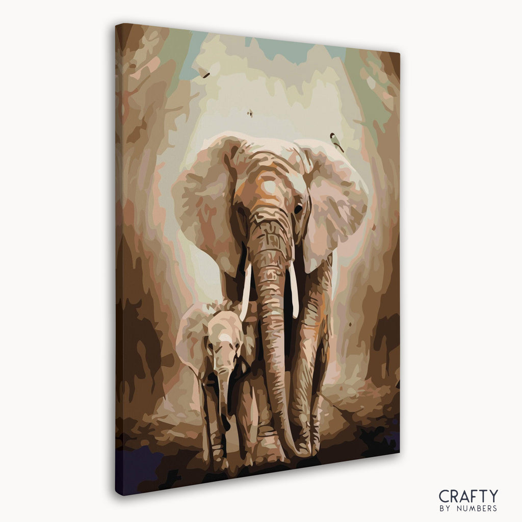 Angled view of the Indian Elephant His Child canvas artwork.