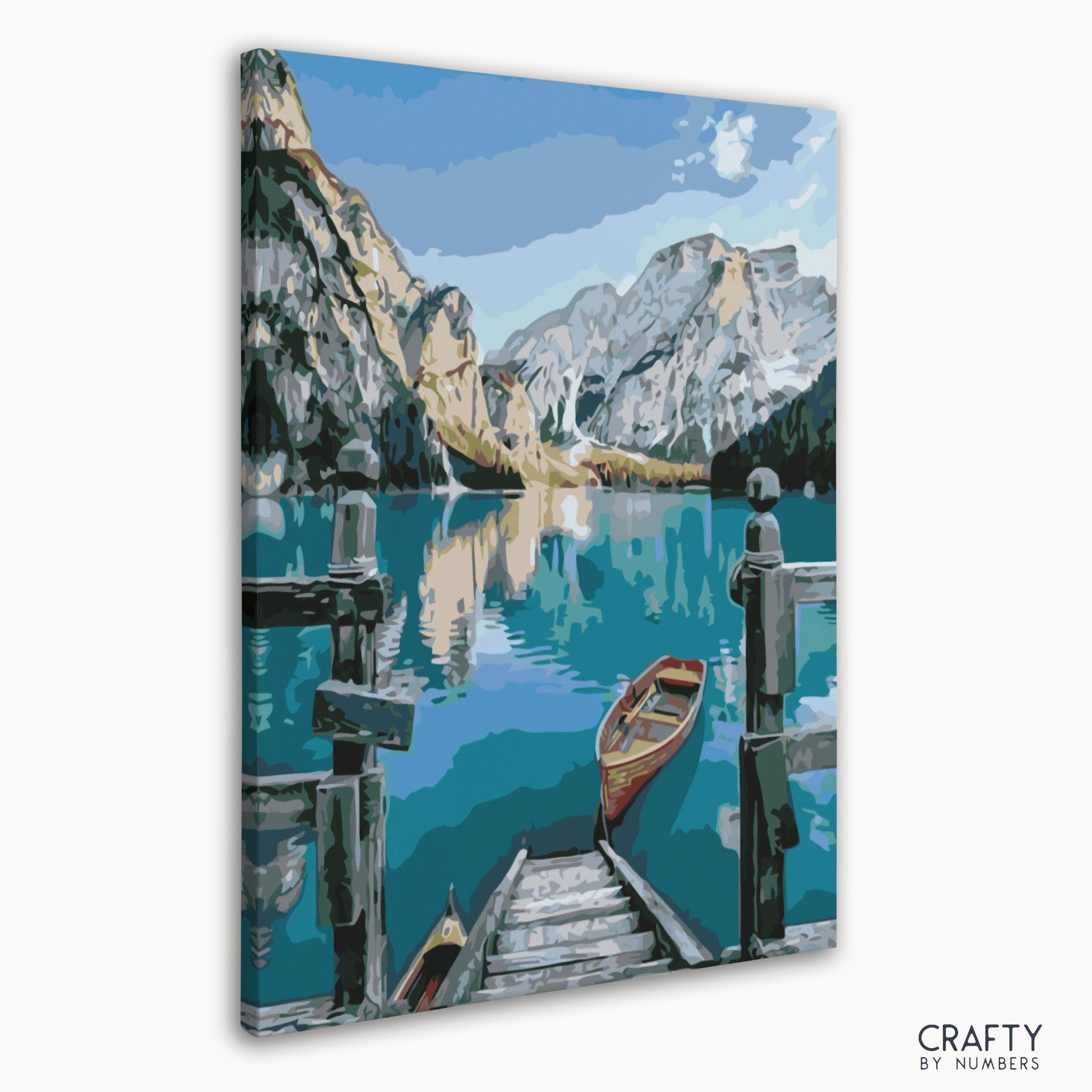 Close-up of Italia Bella Lake paint by numbers canvas featuring pastel mountains and reflections