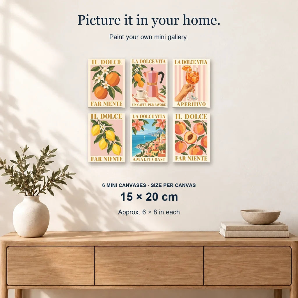 Italian Dolce Vita | 6 Mini Kits: 6 mini canvases displayed on a sunlit wall, 15 × 20 cm each.
