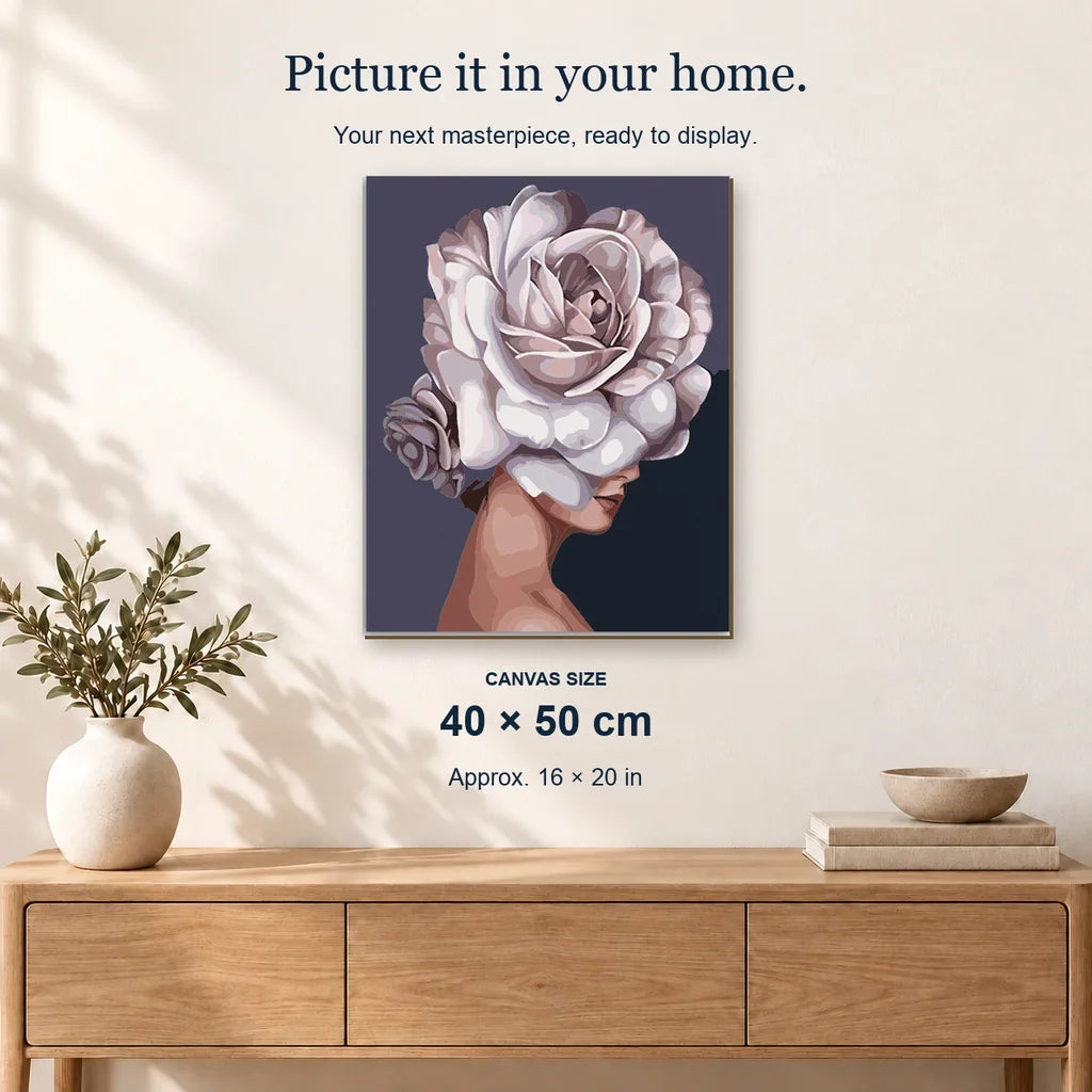 Ivory Essence displayed on a sunlit wall. Canvas size 40 × 50 cm.