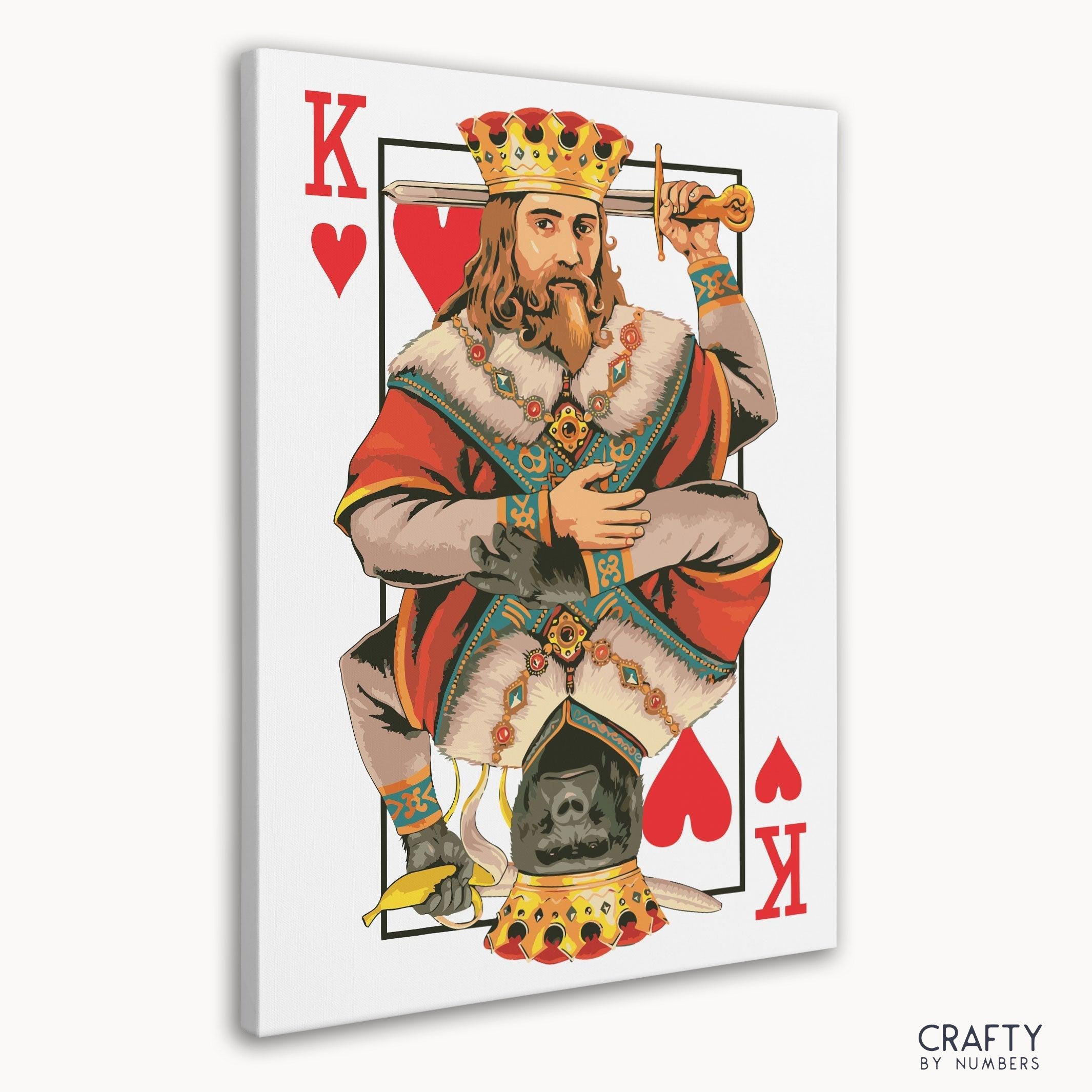Detailed King of Hearts paint by number with rich textures echoing famous abstract paintings and picasso most famous paintings.