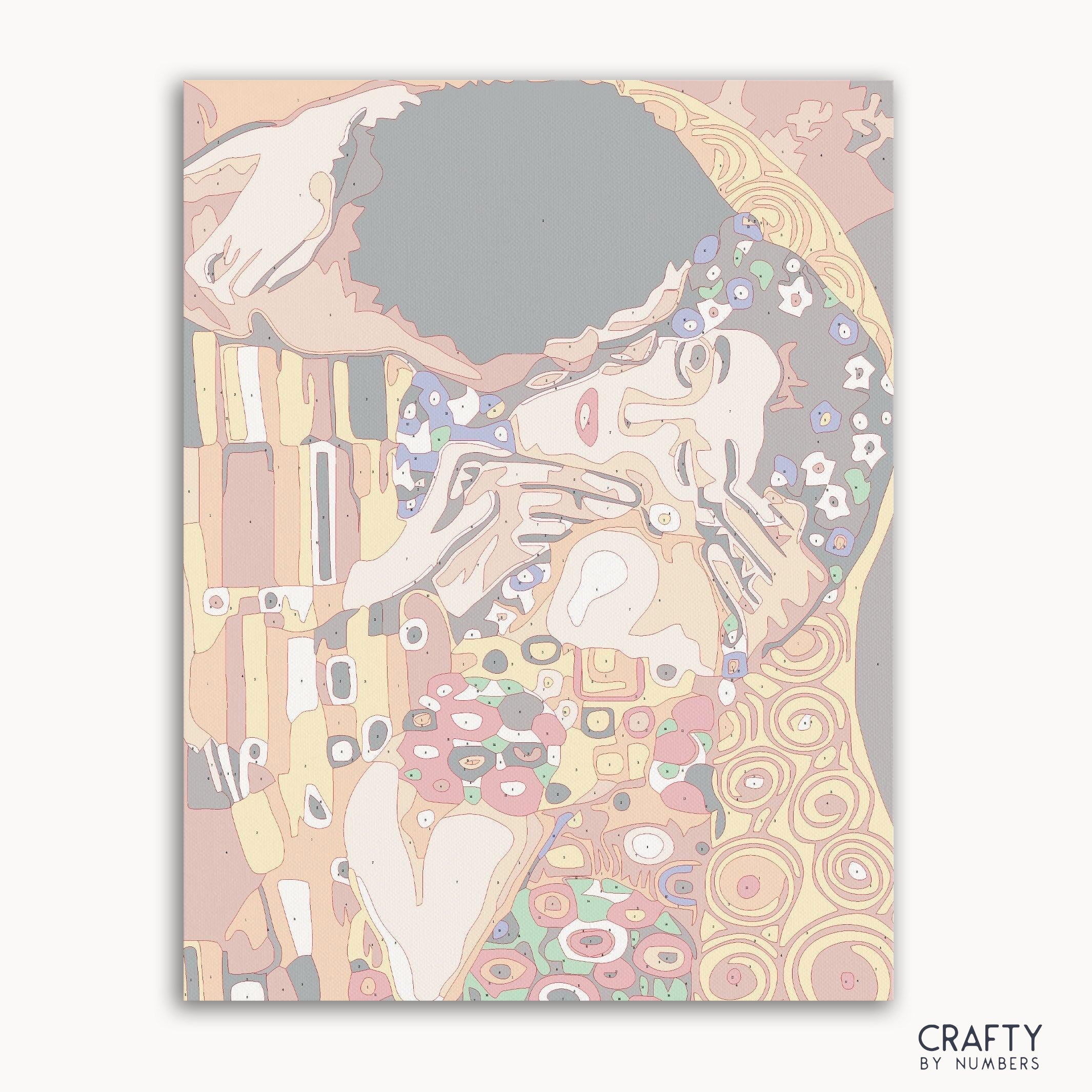 Kiss Zoom paint by numbers kit inspired by Gustav Klimt featuring detailed gold patterns and romantic themes from famous paintings of women.