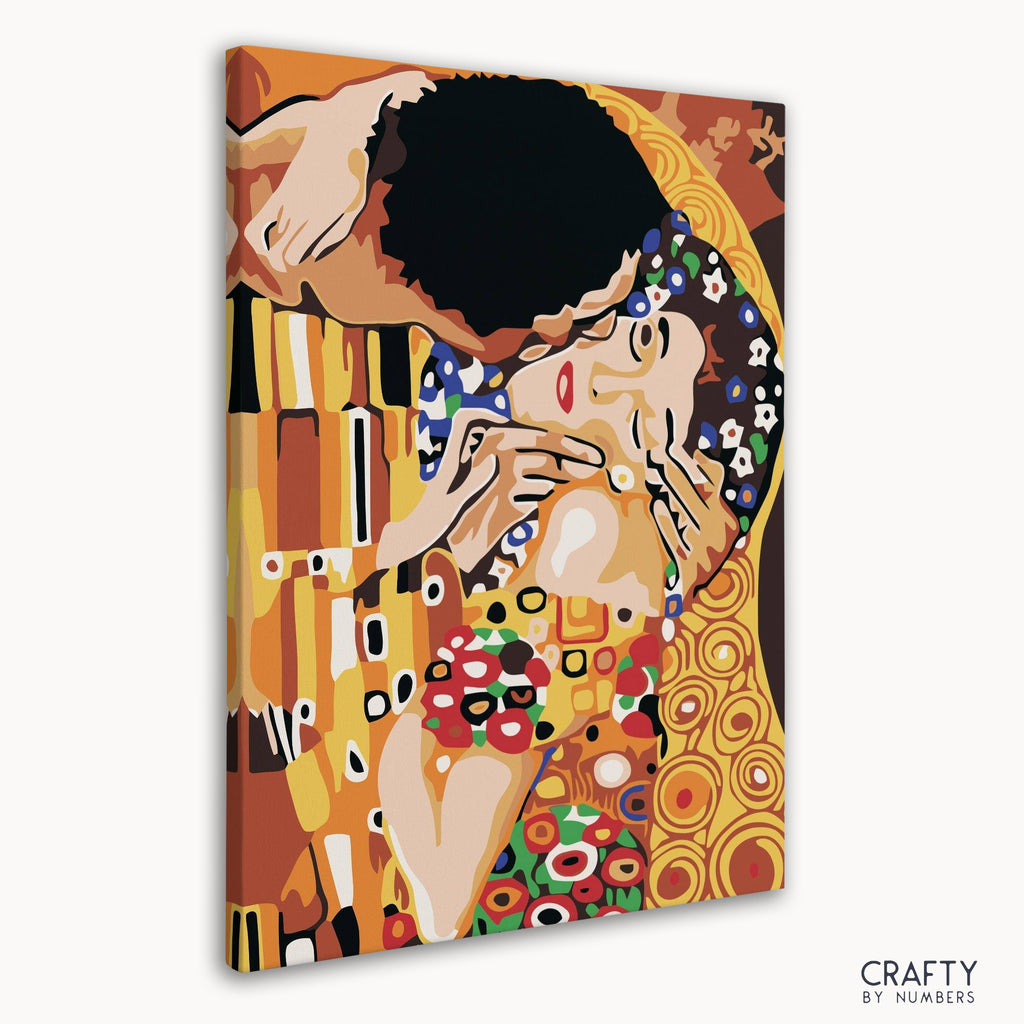 Close-up of Kiss Zoom canvas showing intricate brushstrokes in Gustav Klimt paint by numbers set, one of the famous artists paintings.