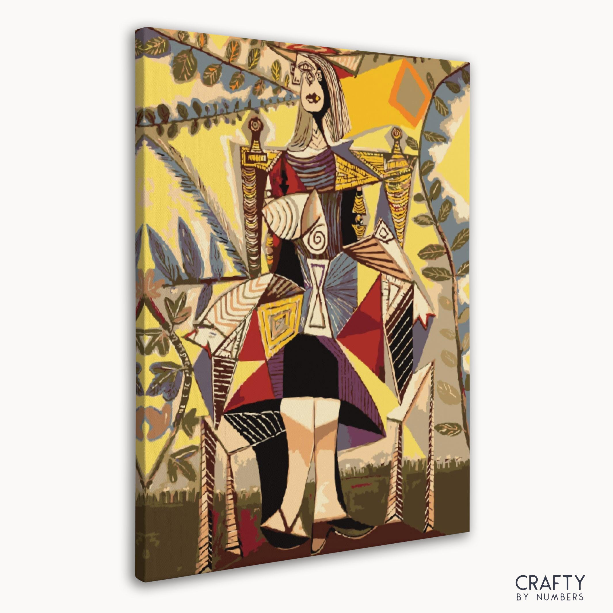 Detailed paint by numbers classic art kit featuring kobieta siedząca w ogrodzie, echoing top 10 picasso famous paintings style.